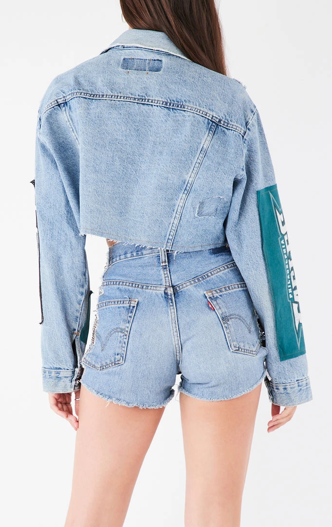 FURST OF A KIND VINTAGE JERSEY PATCHWORK STUDDED CROPPED DENIM JACKET VINTAGE DENIM JACKETS 7 FURST OF A KIND VINTAGE JERSEY PATCHWORK STUDDED CROPPED DENIM JACKET VINTAGE DENIM JACKETS