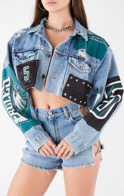 FURST OF A KIND VINTAGE JERSEY PATCHWORK STUDDED CROPPED DENIM JACKET VINTAGE DENIM JACKETS 9 FURST OF A KIND VINTAGE JERSEY PATCHWORK STUDDED CROPPED DENIM JACKET VINTAGE DENIM JACKETS