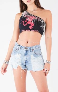 FURST OF A KIND VINTAGE RHINESTONE FRINGE ONE SHOULDER TOP