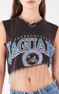 FURST OF A KIND ASYMMETRICAL RHINESTONE FRINGE SLEEVELESS CROP TEE