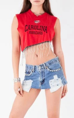 FURST OF A KIND VINTAGE RHINESTONE FRINGE ASYMMETRICAL RHINESTONE FRINGE SLEEVELESS CROP TEE
