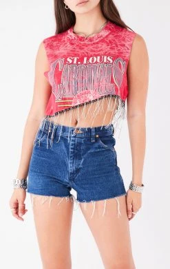 FURST OF A KIND ASYMMETRICAL RHINESTONE FRINGE SLEEVELESS CROP TEE