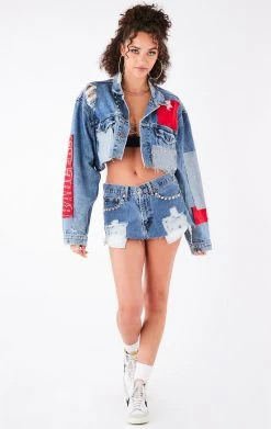 FURST OF A KIND VINTAGE DENIM JACKETS VINTAGE PATCHWORK STUDDED CROPPED DENIM JACKET