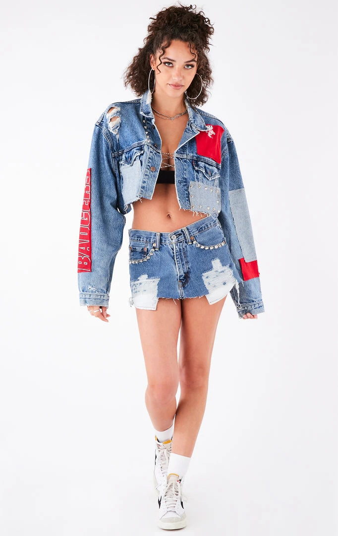 FURST OF A KIND VINTAGE DENIM JACKETS VINTAGE PATCHWORK STUDDED CROPPED DENIM JACKET 3 FURST OF A KIND VINTAGE DENIM JACKETS VINTAGE PATCHWORK STUDDED CROPPED DENIM JACKET