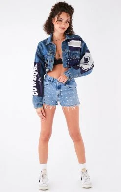 FURST OF A KIND VINTAGE JERSEY PATCHWORK STUDDED CROPPED DENIM JACKET VINTAGE DENIM JACKETS