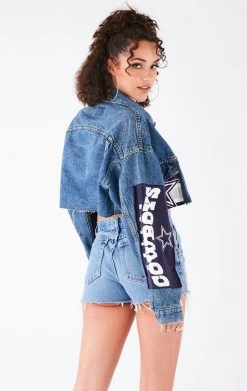 FURST OF A KIND VINTAGE JERSEY PATCHWORK STUDDED CROPPED DENIM JACKET VINTAGE DENIM JACKETS
