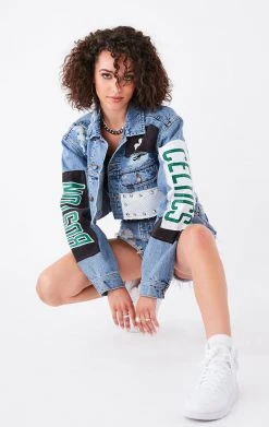 FURST OF A KIND VINTAGE JERSEY PATCHWORK STUDDED CROPPED DENIM JACKET