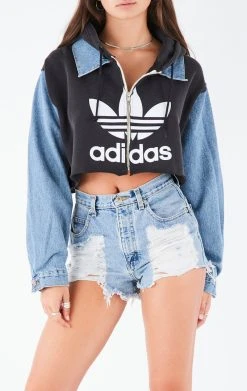 FURST OF A KIND VINTAGE DENIM JACKETS VINTAGE SPLICED DENIM JACKET ZIP UP HOODIE