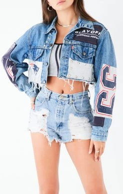 FURST OF A KIND VINTAGE DENIM JACKETS VINTAGE JERSEY PATCHWORK STUDDED CROPPED DENIM JACKET