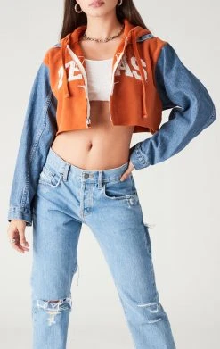 FURST OF A KIND VINTAGE SPLICED DENIM JACKET ZIP UP HOODIE VINTAGE DENIM JACKETS