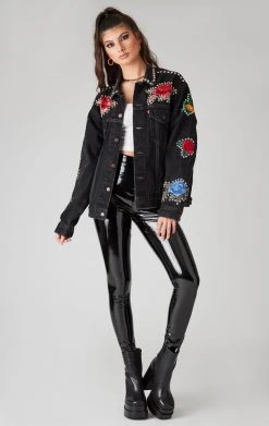 FURST OF A KIND VINTAGE FLORAL APPLIQUE STUDDED DENIM JACKET