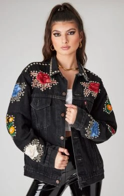 FURST OF A KIND VINTAGE FLORAL APPLIQUE STUDDED DENIM JACKET