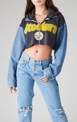 FURST OF A KIND VINTAGE SPLICED DENIM JACKET ZIP UP HOODIE VINTAGE DENIM JACKETS