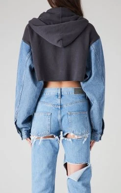 FURST OF A KIND VINTAGE SPLICED DENIM JACKET ZIP UP HOODIE VINTAGE DENIM JACKETS