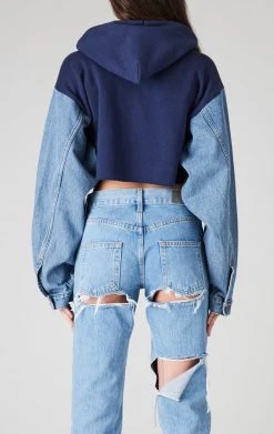 FURST OF A KIND VINTAGE SPLICED DENIM JACKET ZIP UP HOODIE VINTAGE DENIM JACKETS