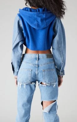 FURST OF A KIND VINTAGE DENIM JACKETS VINTAGE SPLICED DENIM JACKET ZIP UP HOODIE