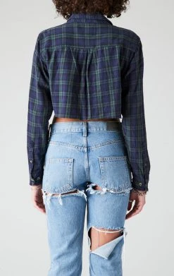 FURST OF A KIND SALE VINTAGE CROPPED PLAID SHIRT WITH DENIM POCKETS